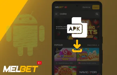 Mobil uygulama bölümü Melbet casino lobisinde APK simgesi