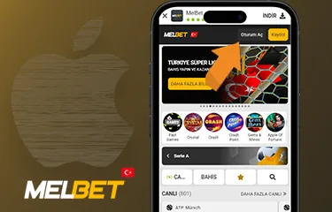 İNDİR düğmesi iPhone Safari'de Melbet sayfasında İNDİR düğmesi vurgulanmış